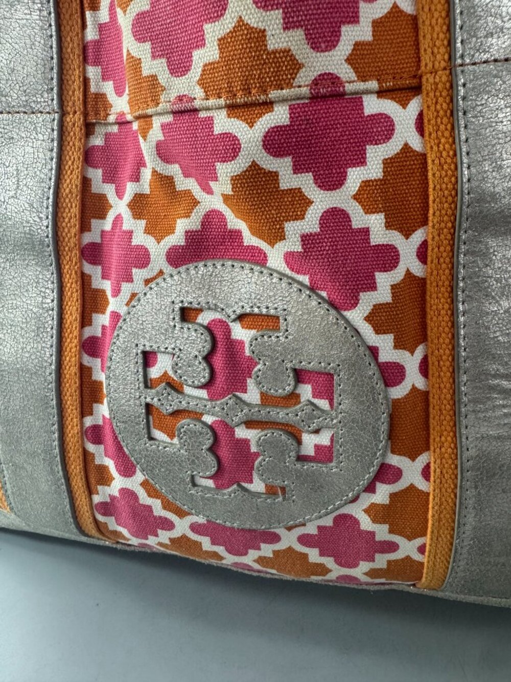 Tory Burch Orange/Pink Canvas w/Silver-tone Distressed Leather Large Tote Bag - Picture 4 of 15